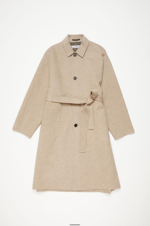 Acne Studios vestir marrón caoba/blanco marfil 0T4HT898 abrigo con cinturón y pata de gallo